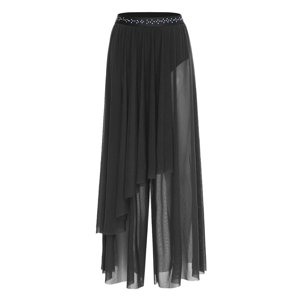 Damen Lyrical Dance Netzhose Glänzender Bund Weites Bein Unregelmäßige Überlagerung Eingearbeiteter Slip Zeitgenössische Tanzkleidung Unten
