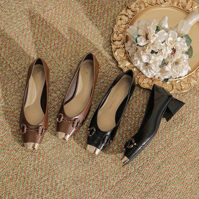 H976-10 Iron Head Thick Heel High Heels Women's Head Sheepskin Insole Short Heel Women's Shoes Brown Light Mouth Single Shoes Women's