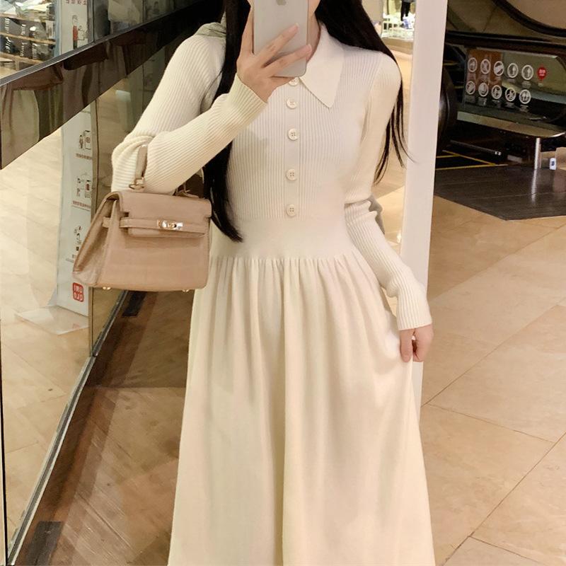 Solid color temperament breasted design polo collar knitted dress women's autumn and winter new bottom waist thin dress