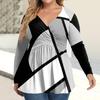 Women's Plus Size Shirt Long Sleeve  Print Top Pleated Casual V-Neck Top