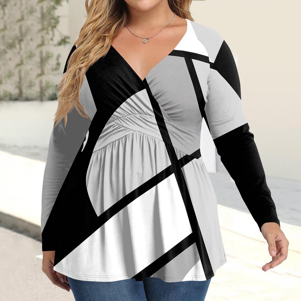 Women's Plus Size Shirt Long Sleeve Print Top Pleated Casual V-Neck Top