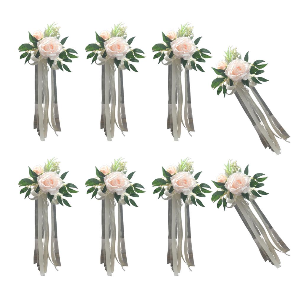 Set Of 6 Sophisticated Florals Pews Decoration with Ribbons Chair Back Ornament for Church Ceremonies and Weddings