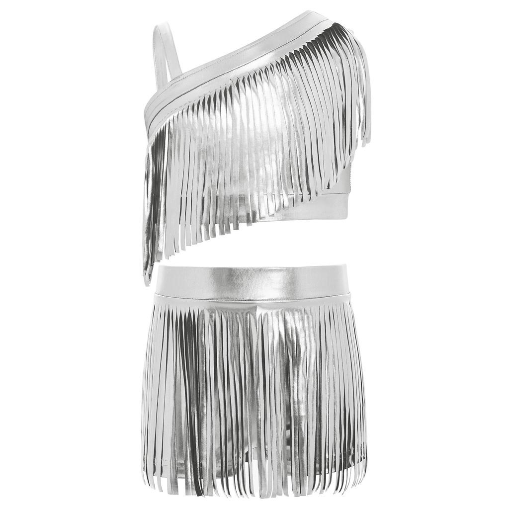 Girls Jazz Dance Outfit Asymmetrical Shoulder Metallic Tassels Crop Top Elastic Waistband Shorts Set