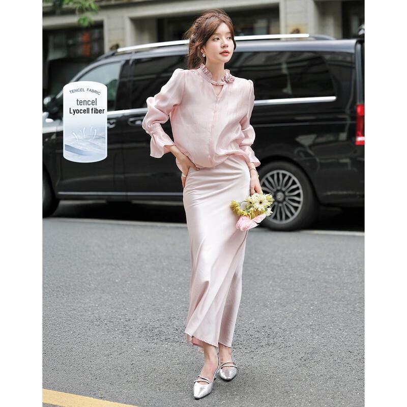 Women s Luxury Tencel Puff Sleeve Blouse with Floral Stand Collar M