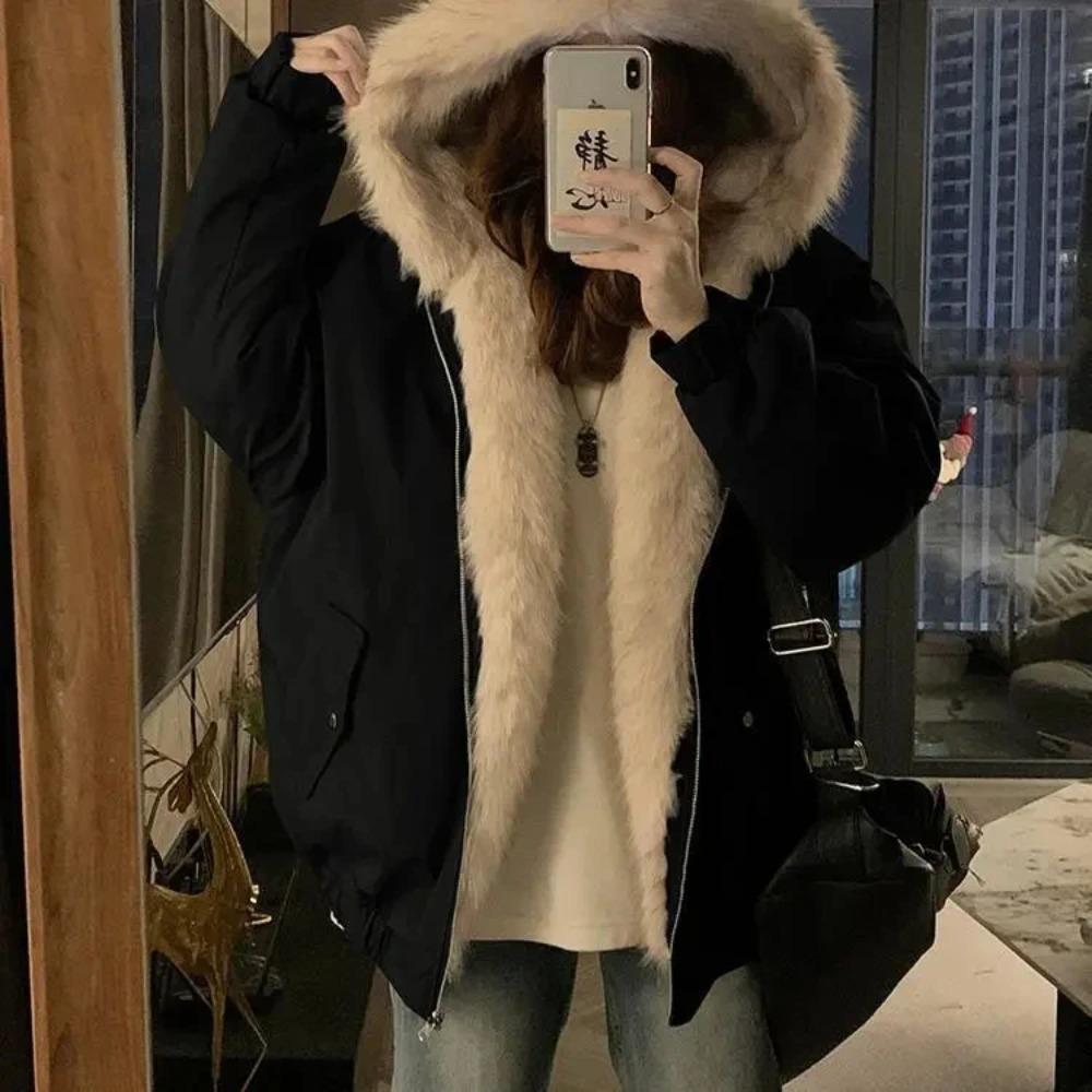 Double-Sided Warm Fur Coat Women Autumn Winter Loose Thicken Plush Cotton Coat Hooded Imitation Mink Fur Outwear
