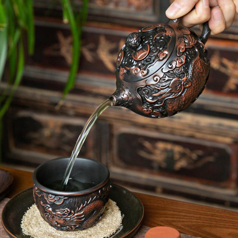 Lila Keramik Vintage Handgemacht Teekanne Keramik Geschnitzt Kung Fu Teekanne Einzelne Teekanne Pu'er Tee Zubereitung Teesets Chinesische Teekanne