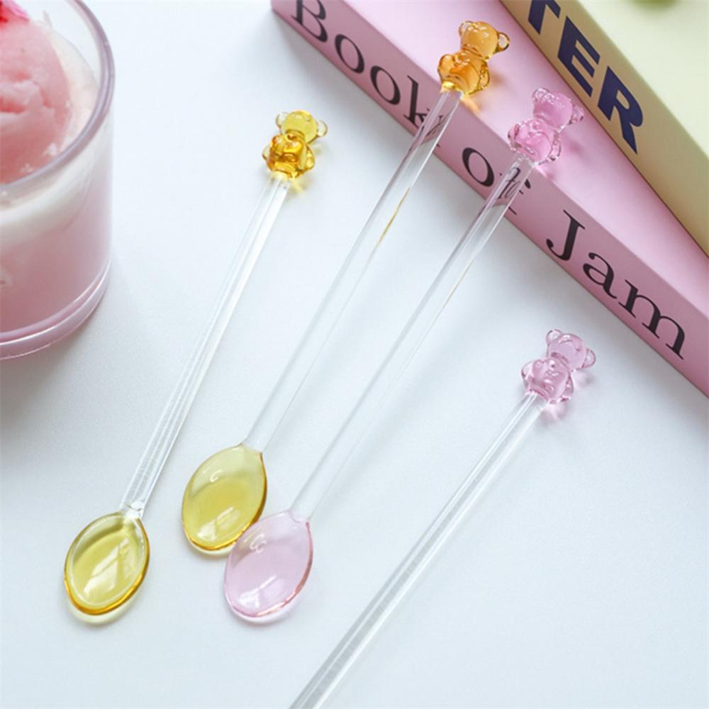 Japanese Style Creative Milk Dessert Teddy Bear Spoon Colorful Transparent Glass Spoon Cute Long Handled Coffee Stirring Spoon