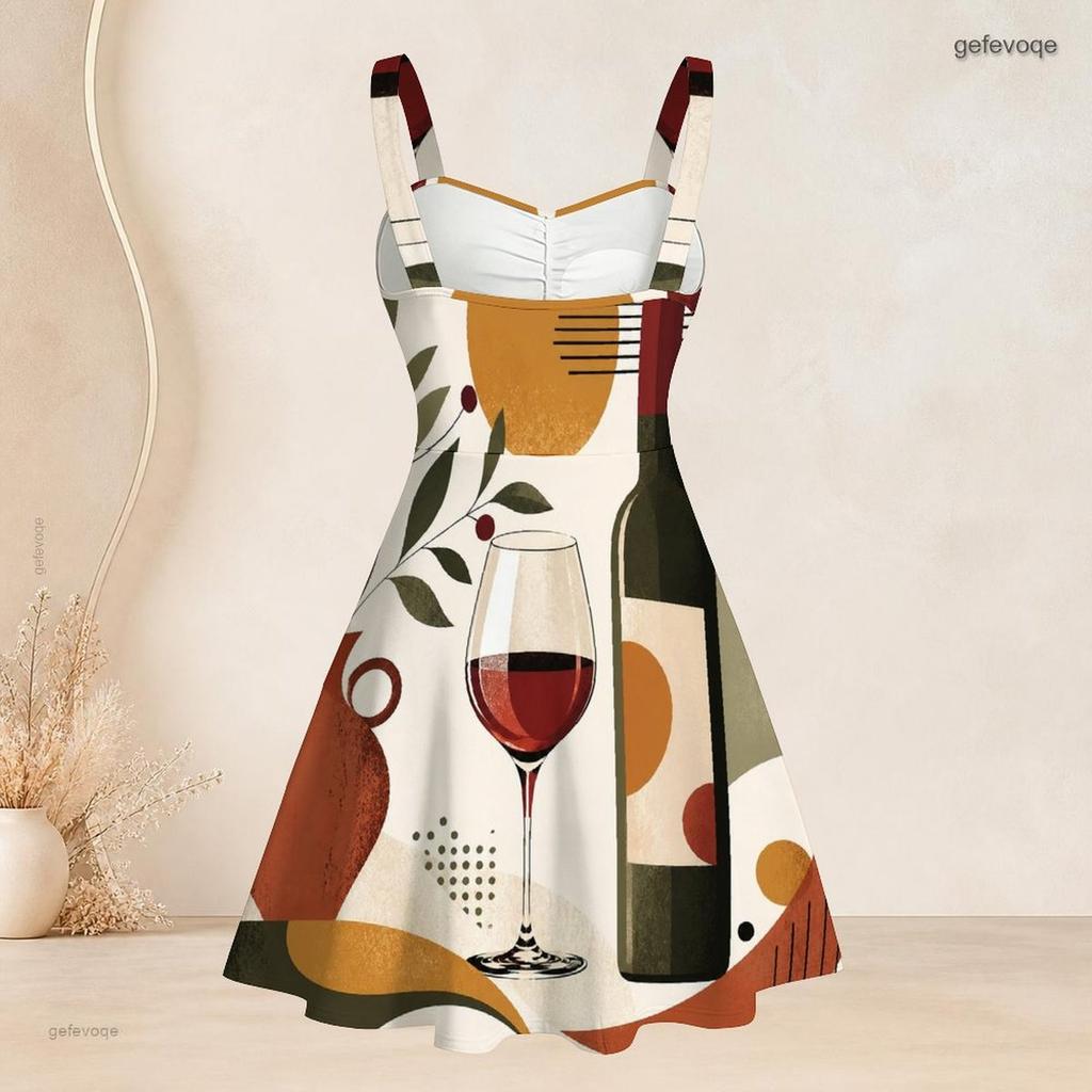 Women Plus Size Spaghetti Strap Off Shoulder Dress Heart Electrocardiogram Botanical Art Print Swing Dress