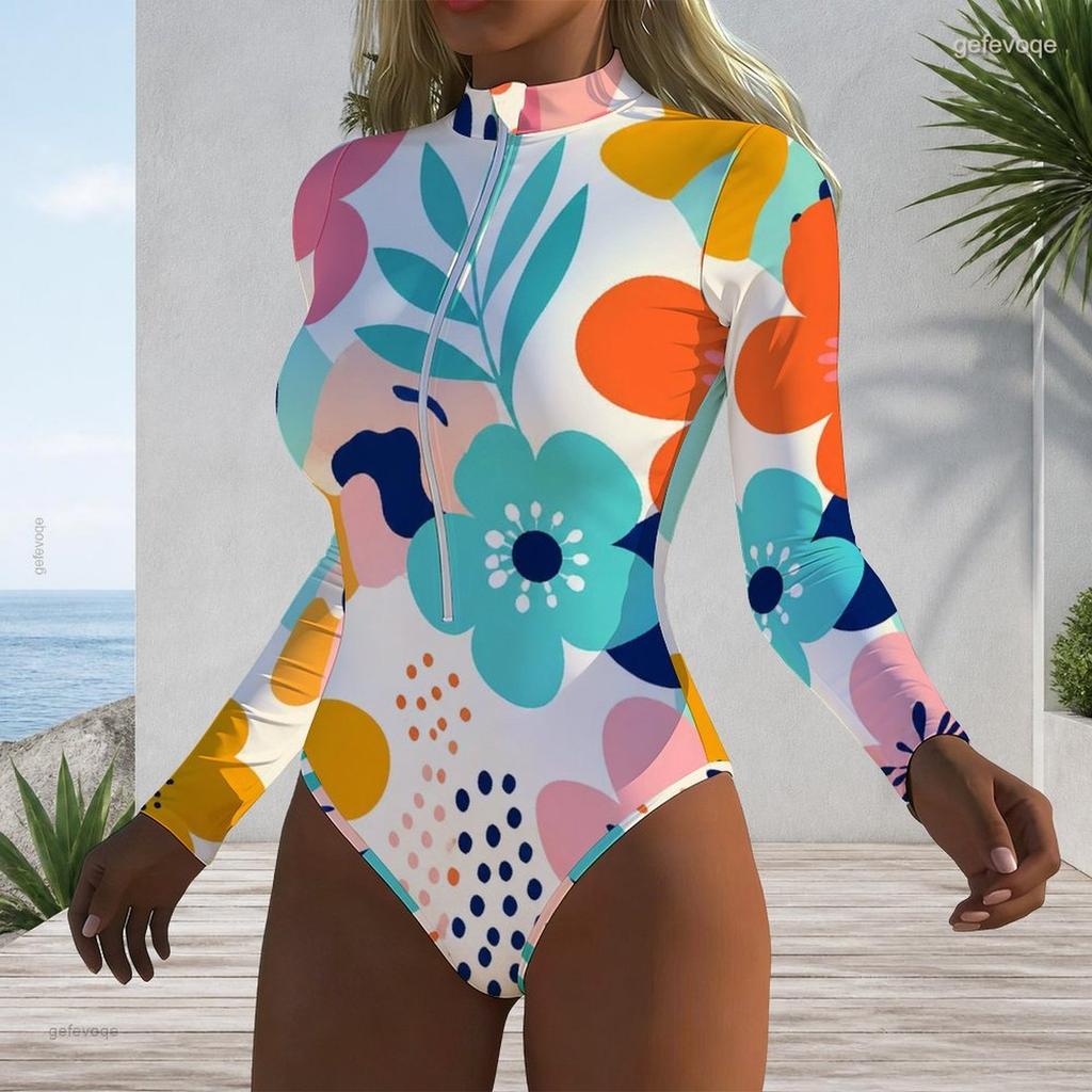 Women Plus Size Long Sleeve High Neck Half Zip Floral Print One Piece Swimsuit