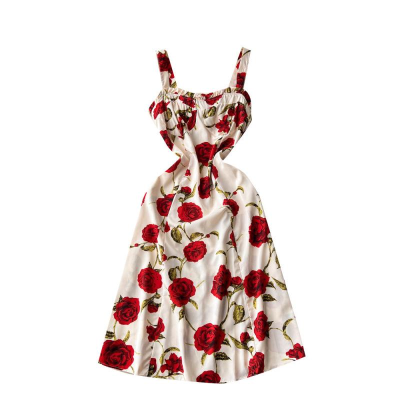 Holiday Style Print Suspender Skirt Women's Summer New Waist and Thin French Chiffon Floral Dress