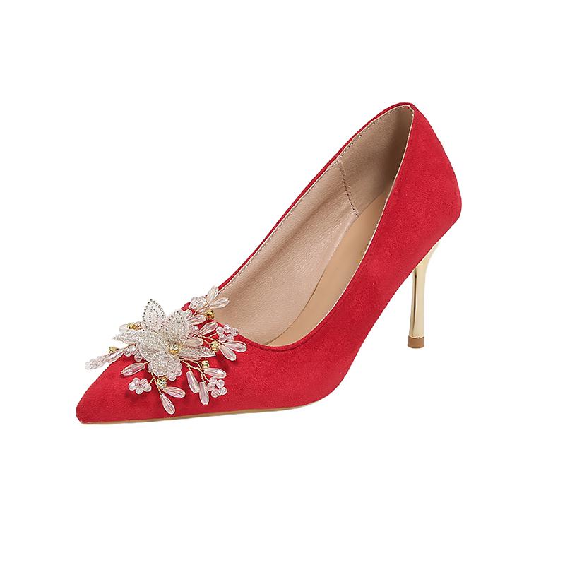 

Туфли-стилеты Осенние Новые Остроносые С мелким вырезом Кристалл Жемчуг Цветок Слипоны Противоскользящие Износостойкие Высокие каблуки 45 красный