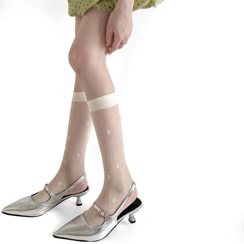 Stockings Women Summer Ultra-Thin Silk Stockings Sweet Girl Knee Socks Flower Jacquard Japanese Cute Calf Socks Women Stockings