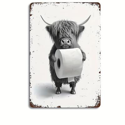 1 Whimsical Highland Cow with Toilet Paper Metal Tin Sign 12x8 Inch - Charming Bathroom Wall Art - Quirky Farmhouse Decor