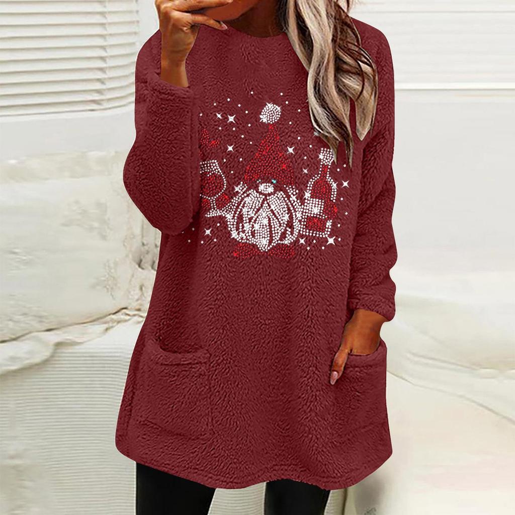 European & American Women's Christmas Snowman Print Plush Hoodie - Round Neck, Loose Fit, Long Sleeve with Pockets.