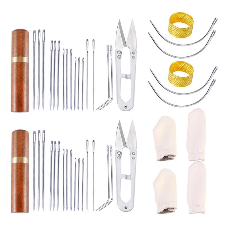 2 Set Large Eye Stitching Needle Hand Sewing Needle Set Curved Needle Sewing Thimble Embroidery Needle for Sewing Craft 1