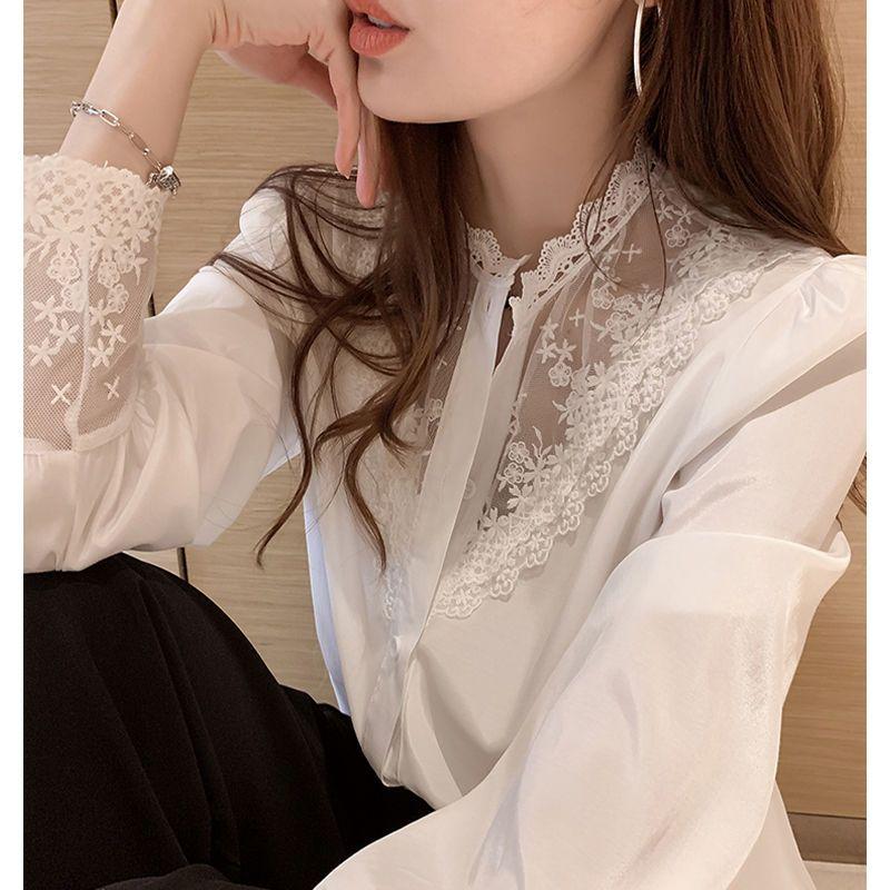 Women's Lace Chiffon Patchwork Shirt Base Shirt Spring and Autumn New Design Sense Top