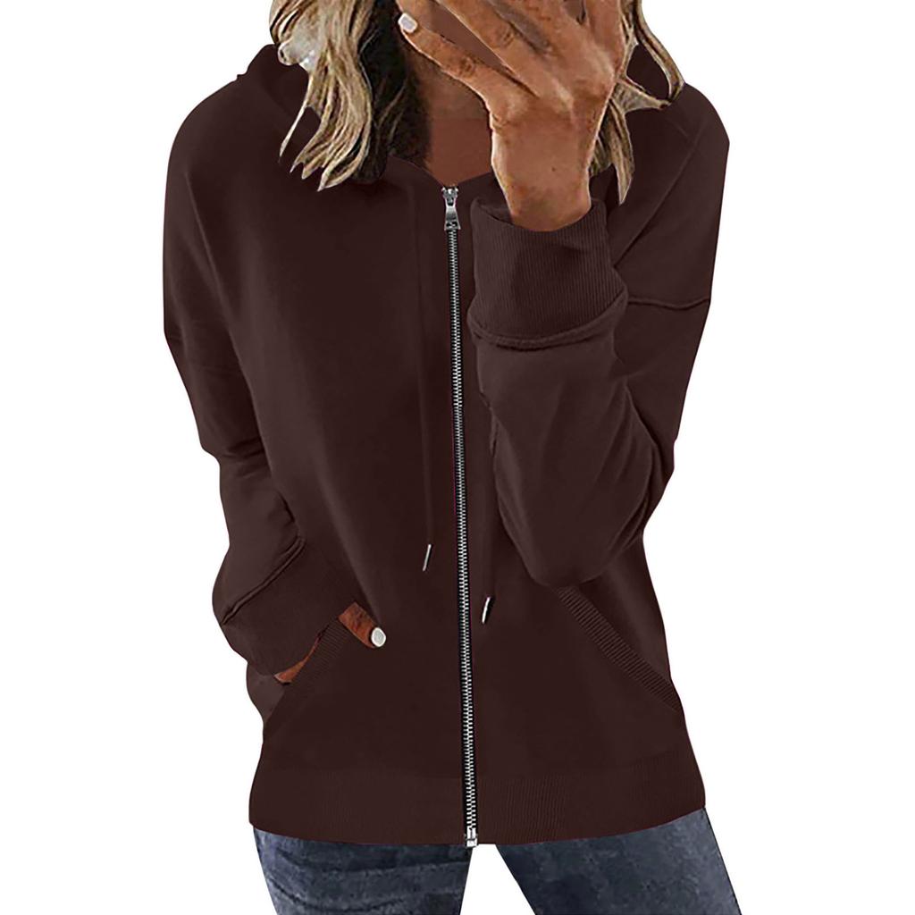 Women's Loose Fit Solid Color Zip Up Hooded Long Sleeve Sweatshirt Casual Pocket Hoodie Top