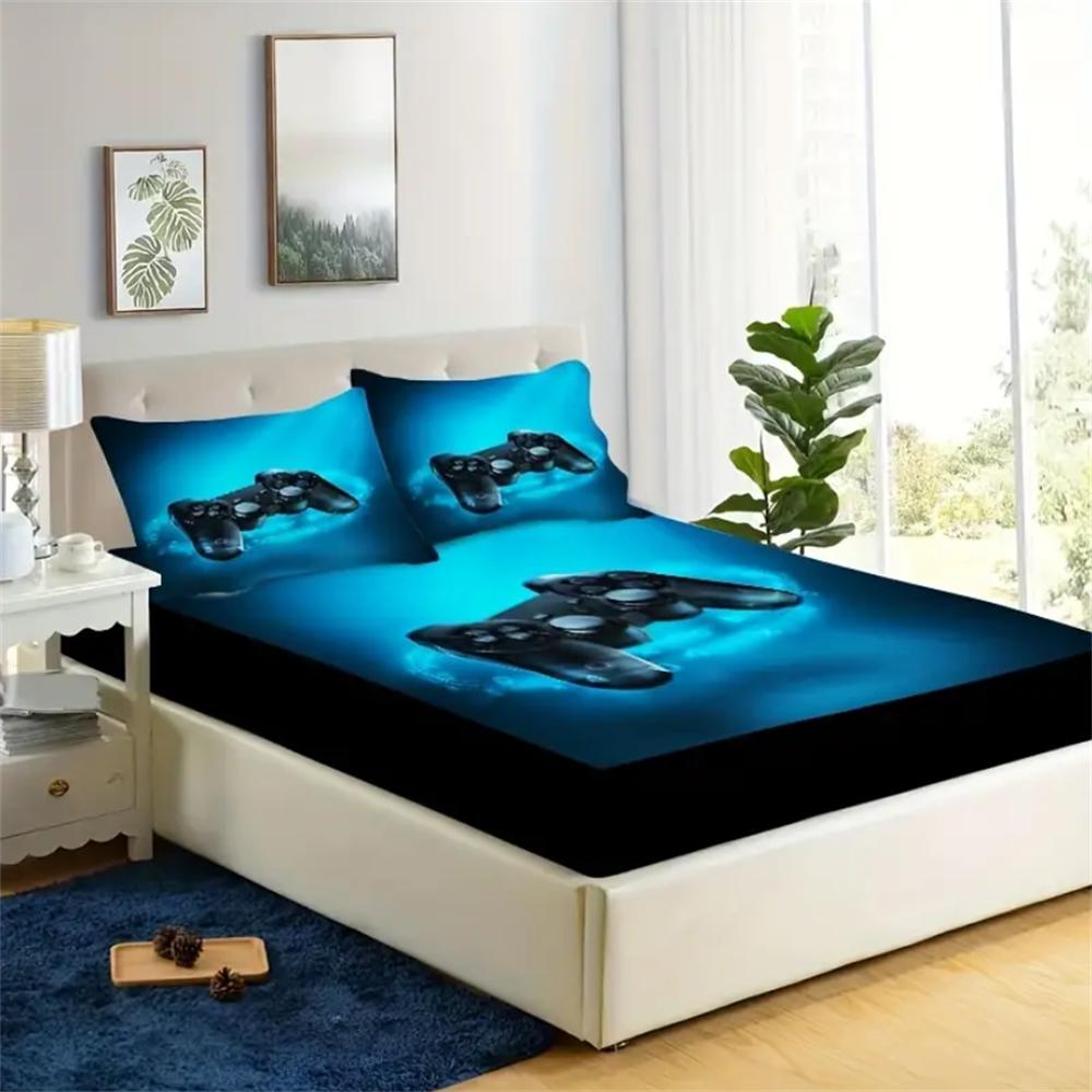2/3pcs Gamepad Print Fitted Sheet Set (1* Fitted Sheet + 1/2*Pillowcases, Without Core), Mattress Covers Bedding, Soft Comfort
