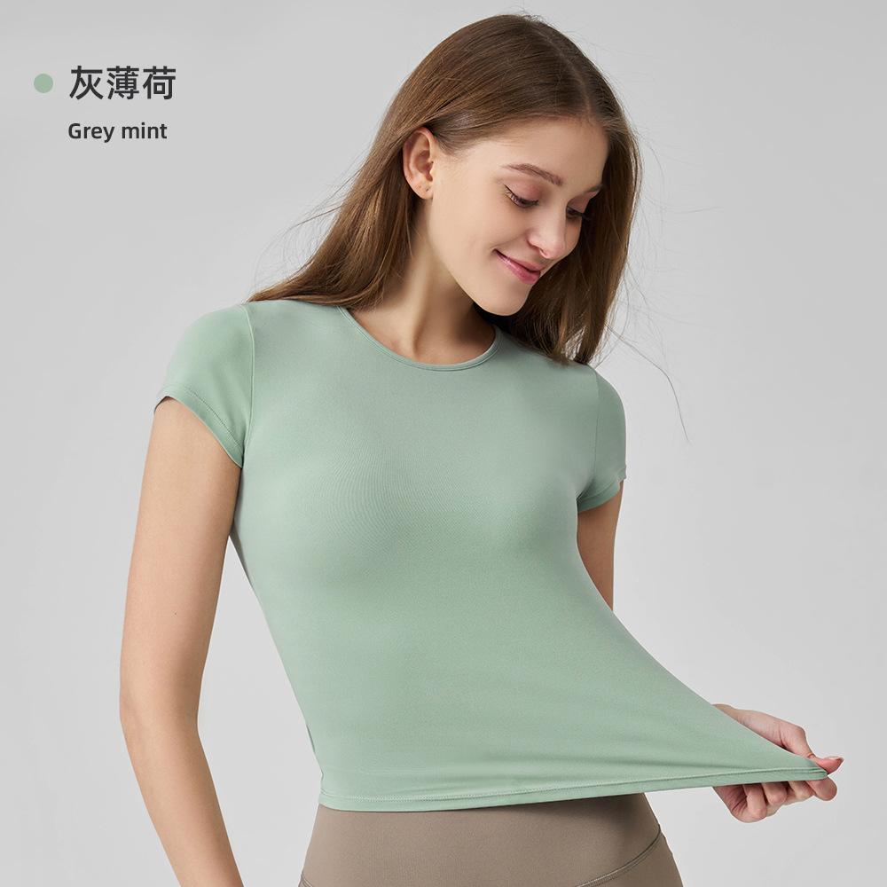 Summer nude round neck thin yoga clothes top tight waist outdoor breathable high elastic fitness sports short sleeves women