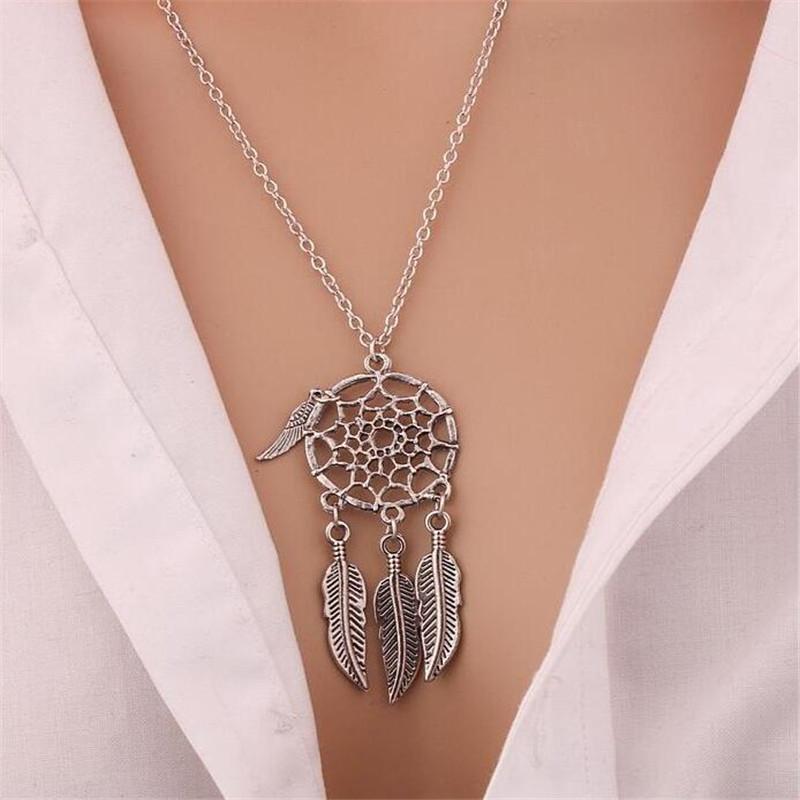 Hollow Dreamcatcher Pendant Necklace for Women Fashion Leaf Feather Necklaces Vintage Ethnic Fashion Party Jewelry Gift Bijoux