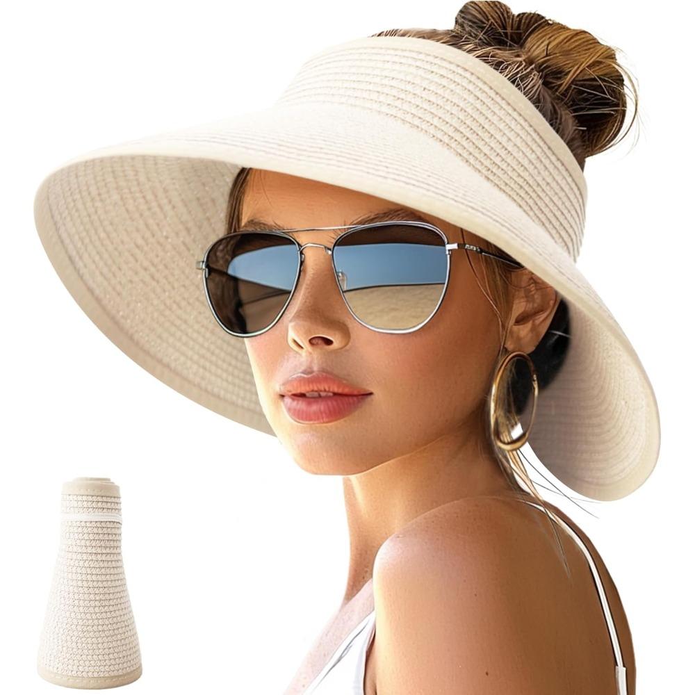 Geniş Kenarlı Kadın Güneş Şapkaları, Plaj İçin Rulo Tasarım, At Kuyruğu Dostu, Seyahat İçin Paklanabilir ve Katlanabilir Hasır Vizör