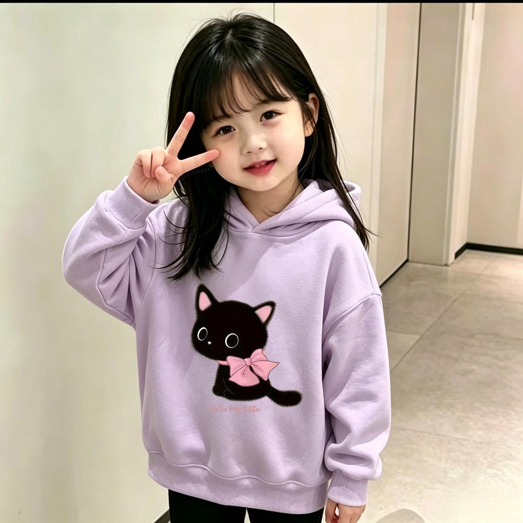 Latest model Cartoon Black Cat Pink Ribbon Hello My Kitten Loose Hoodie for Children's Daily Sports Large Size Hooded Sweatshirt