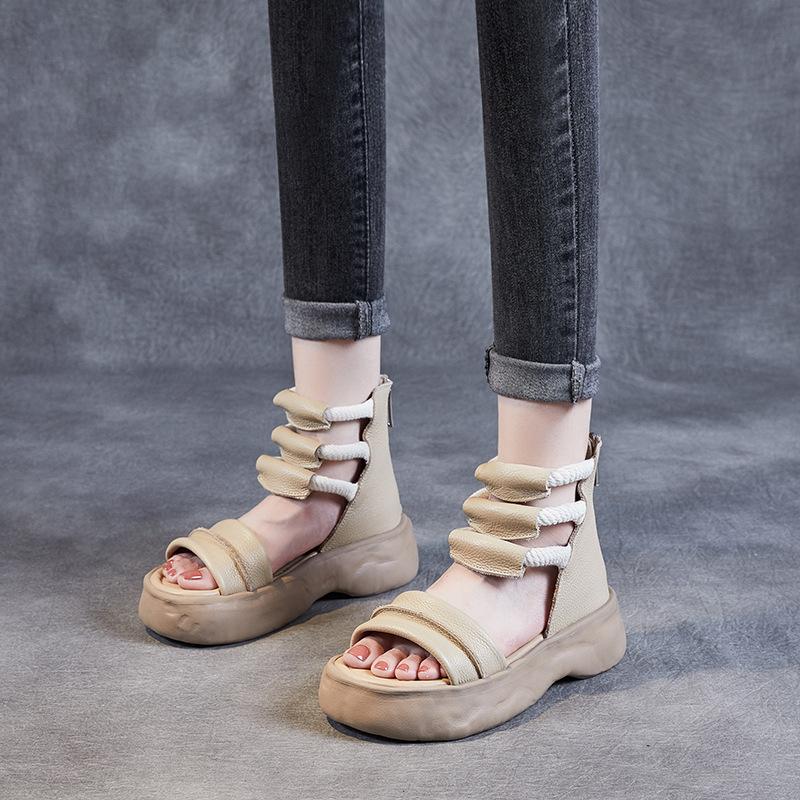 GKTINOO 8cm Natürliches Echtes Leder Sandalen Stiefel Ballerinas Plateau Keil Sommer Damen Ausgehöhlte Pumps Peep Toe Stiefeletten Mary Jane Schuh