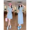Women's Embroidered Polo Collar Short-Sleeved T-Shirt Dress - Waist-Cinching Slim Summer Long Skirt, Academy Style.