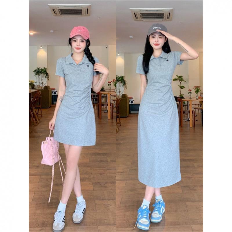 Women's Embroidered Polo Collar Short-Sleeved T-Shirt Dress - Waist-Cinching Slim Summer Long Skirt, Academy Style.