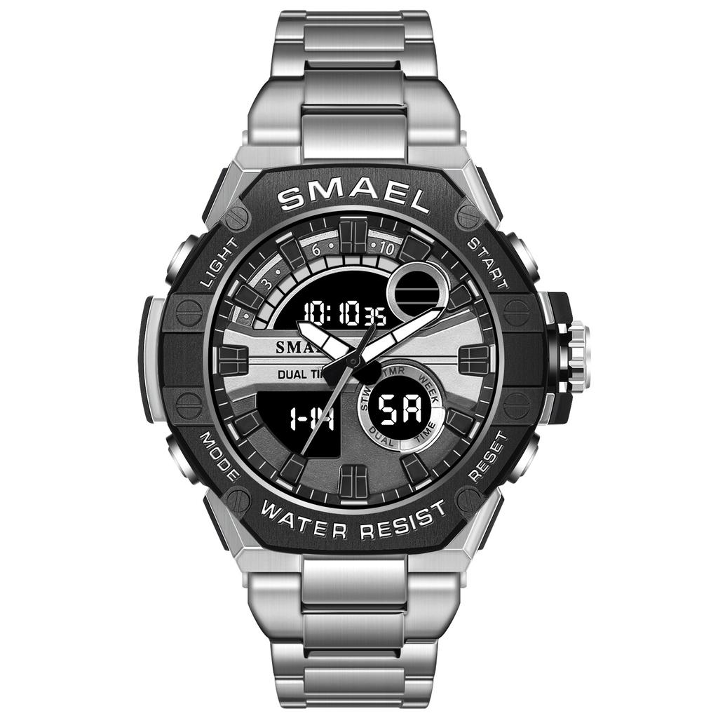 SMAEL 8090 alloy steel strip dual display electronic watch men's waterproof alarm clock multifunctional