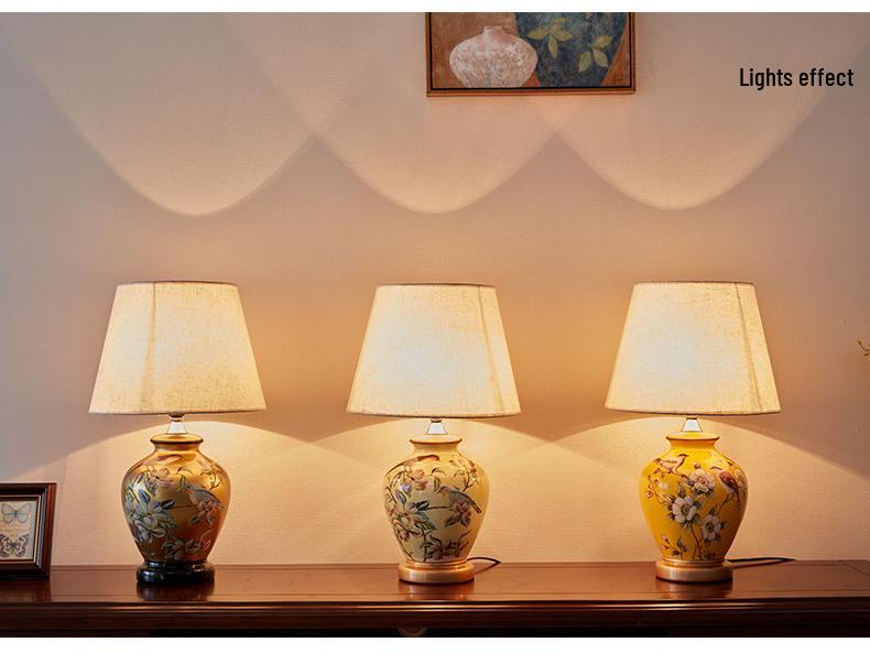 Retro American-Chinese Ceramic Table Lamp with Remote Control for Bedroom or Living Room