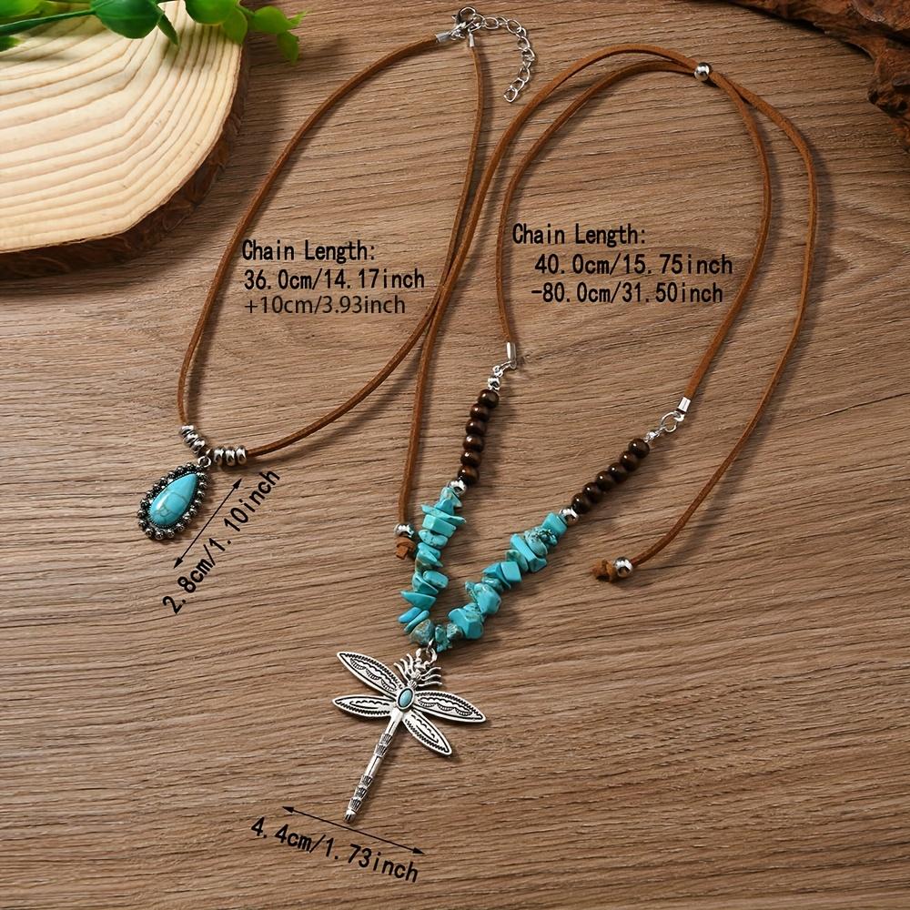 2pcs Boho Pendant Necklace for Women, Irregular Stone Wood Bead Chain with Dragonfly - PU Leather for Party Casual Gift