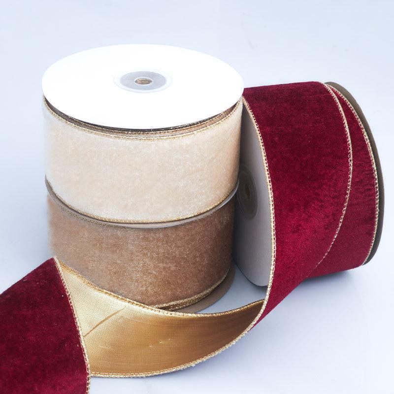 5cm 10 Yards Solid Color Christmas Tree Wrapping Decorative Ribbon Christmas Wire Gold Border Velvet Ribbon Decoration Tie