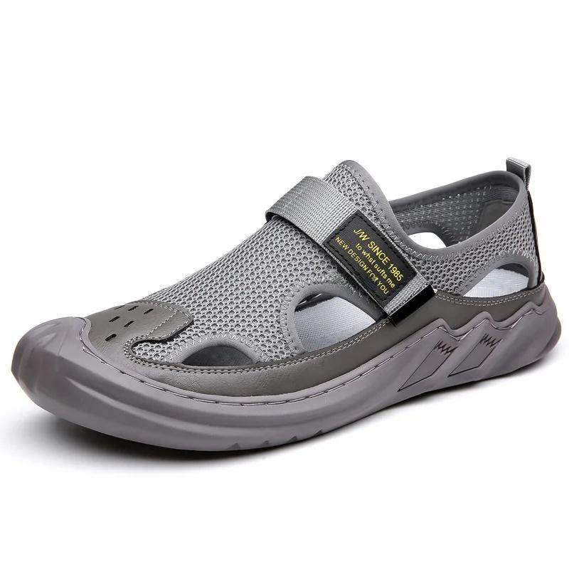 Summer Men's Sandals Breathable Hollow Out Soft Bottom Slip-On Casual Shoes Mesh Surface Magic Tape Footwear Comfortable EVA Insole