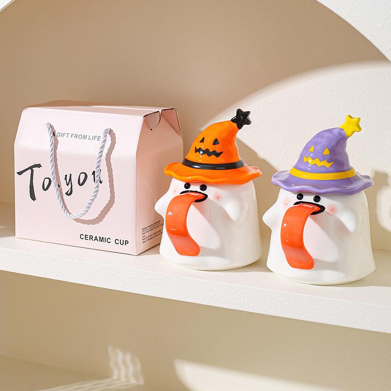 Zábavný hrnek duch s víčkem hrnek Halloweenský dárek keramický hrnek pro pár dobrý vzhled kancelářský hrnek na kávu