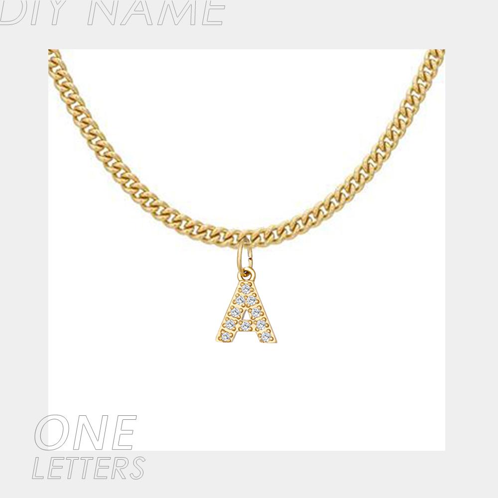 Dropshipping Gold Plated Stainless Steel Gold Plated Cuban Link Chain Cubic Zirconia Name Letter Alphabet Pendant Necklace Gold