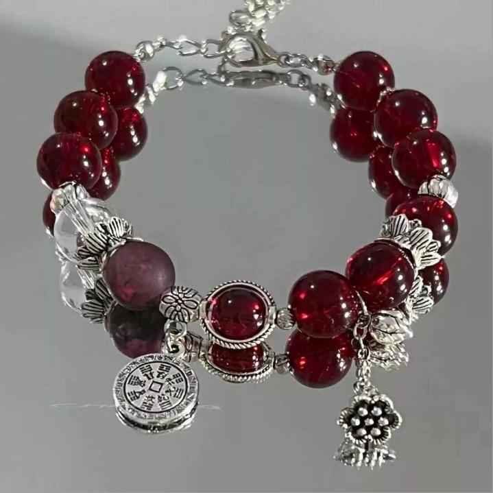 Chinese stijl rode kristal veer kruis hanger armband voor meisjes vrouwen vintage elastische kralen ketting armband sieraden geschenken