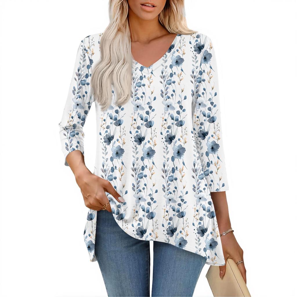 Womens Tops V-neck 3/4 Sleeve Blouses Casual Mid-length Shirts Fashion Print Tunic Tops