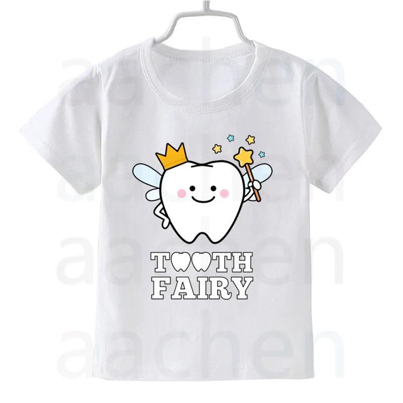 Tooth Dentist Cartoon Print Kid Cute White T Shirt Children Short Sleeve Clothing Funny Cartoon Party Top Boys and Girl Tshirt