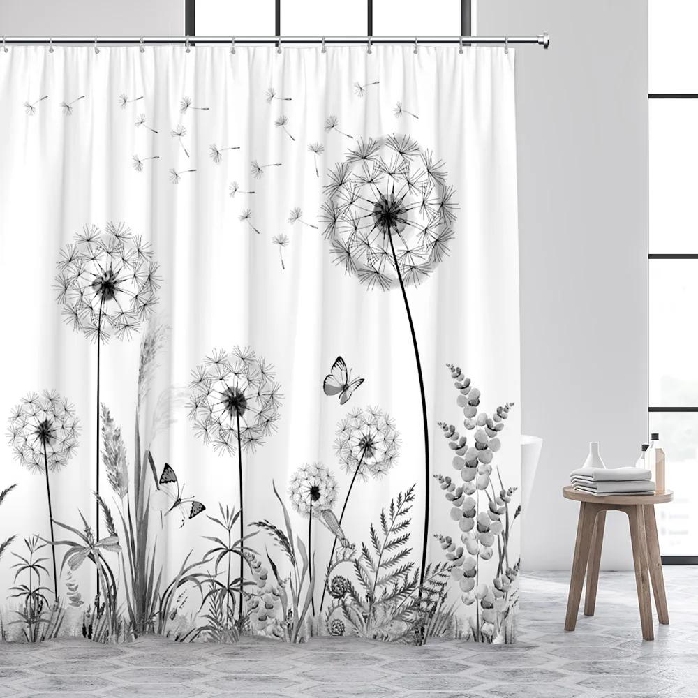 Dandelion Shower Curtain Watercolor Floral Farm Rustic Butterfly Plank Plant Polyester Fabric Bathroom Decor Curtain Washable