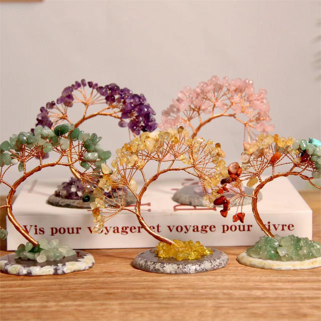 Seven-Color Crystal Wealth Tree with Agate Base - Handmade Phoenix Tail Ornament for Office.