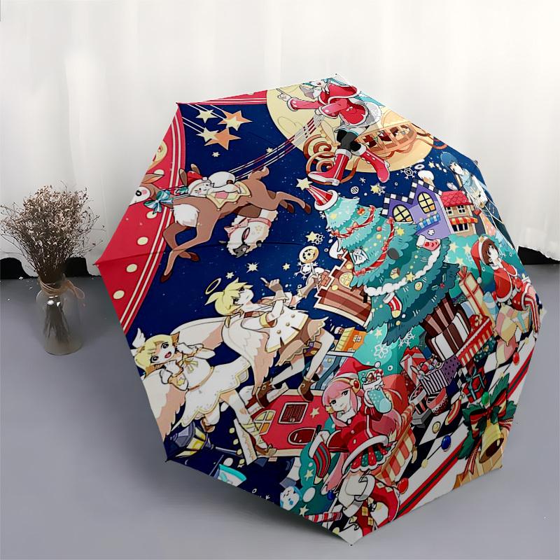 1pc Christmas Festival Santa Claus Snowman Reindeer Angel Outdoor Umbrella, Automatic Open Close 8 Bone Iron Frame Portable Folding Design Suitable fo