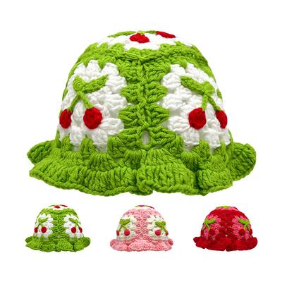 Cherry Hat Handmade Knitted Wool Hat Ruffle Small Same Sweet Cute Fashion Versatile Bucket Hat Women