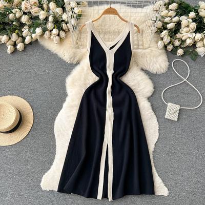 New Summer Women V-neck Split Long Midi Knitted Sweater Dress Fashion Casual Contrasting Color Knitwear Clothing