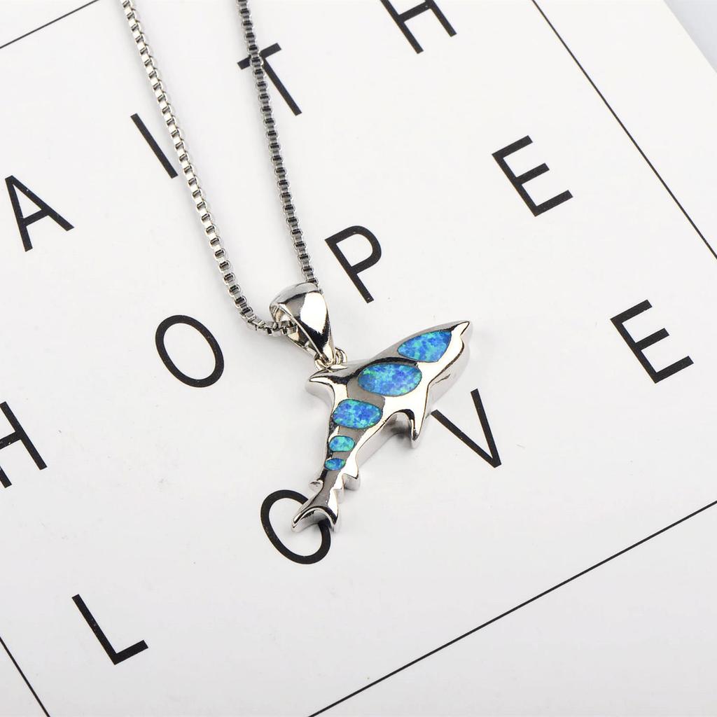 European & American Fashion Trendy Silver Plated Copper Shark Pendant Necklace Blue Opal Ocean-Inspired Sweater Chain for Women