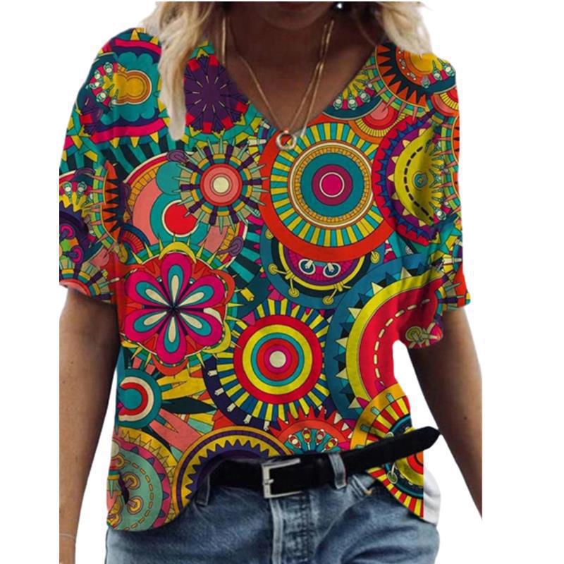 Women's T-shirt 3D Pattern Printed Casual Short Sleeved V-Neck Top Fashionable Street Women's Clothing