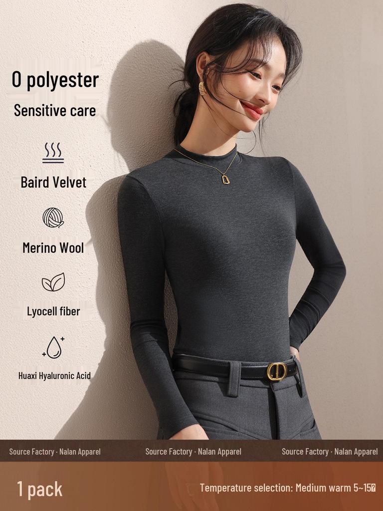 Women's Black Fleece-Lined Half-High Neck Base Layer Knit Top - Thickened Long Sleeve for Autumn/Winter 2026