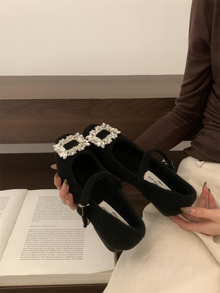 Xiaoxiangfeng Woolen Rhinestone Square Head Fluffy Mary Jane Shoes Women's Autumn and Winter Velvet Cotton Shoes Middle Heel Ladyshoes Women's Single