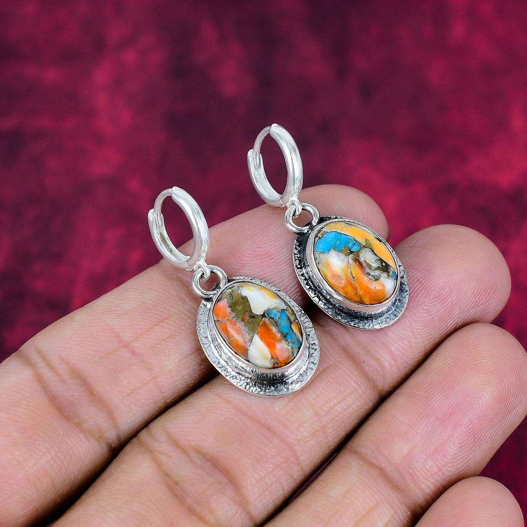 Orange Copper Turquoise 925 Solid Sterling Silver Earrings, Handmade Gemstone Earrings Jewelry, Gifts For Wife Brand New Earrings