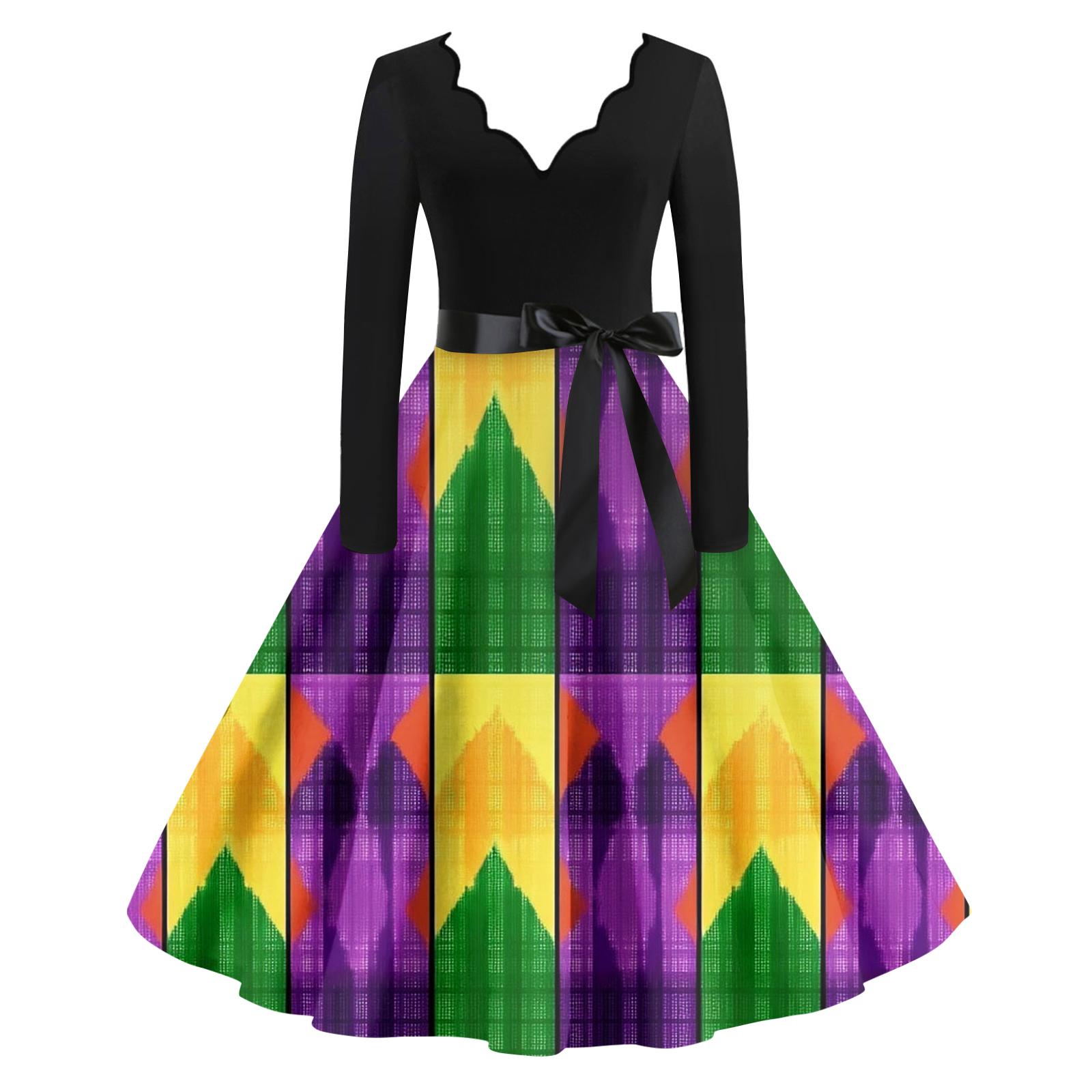 

Женское повседневное модное платье с V-образным вырезом и длинным рукавом с принтом в винтажном стиле XL